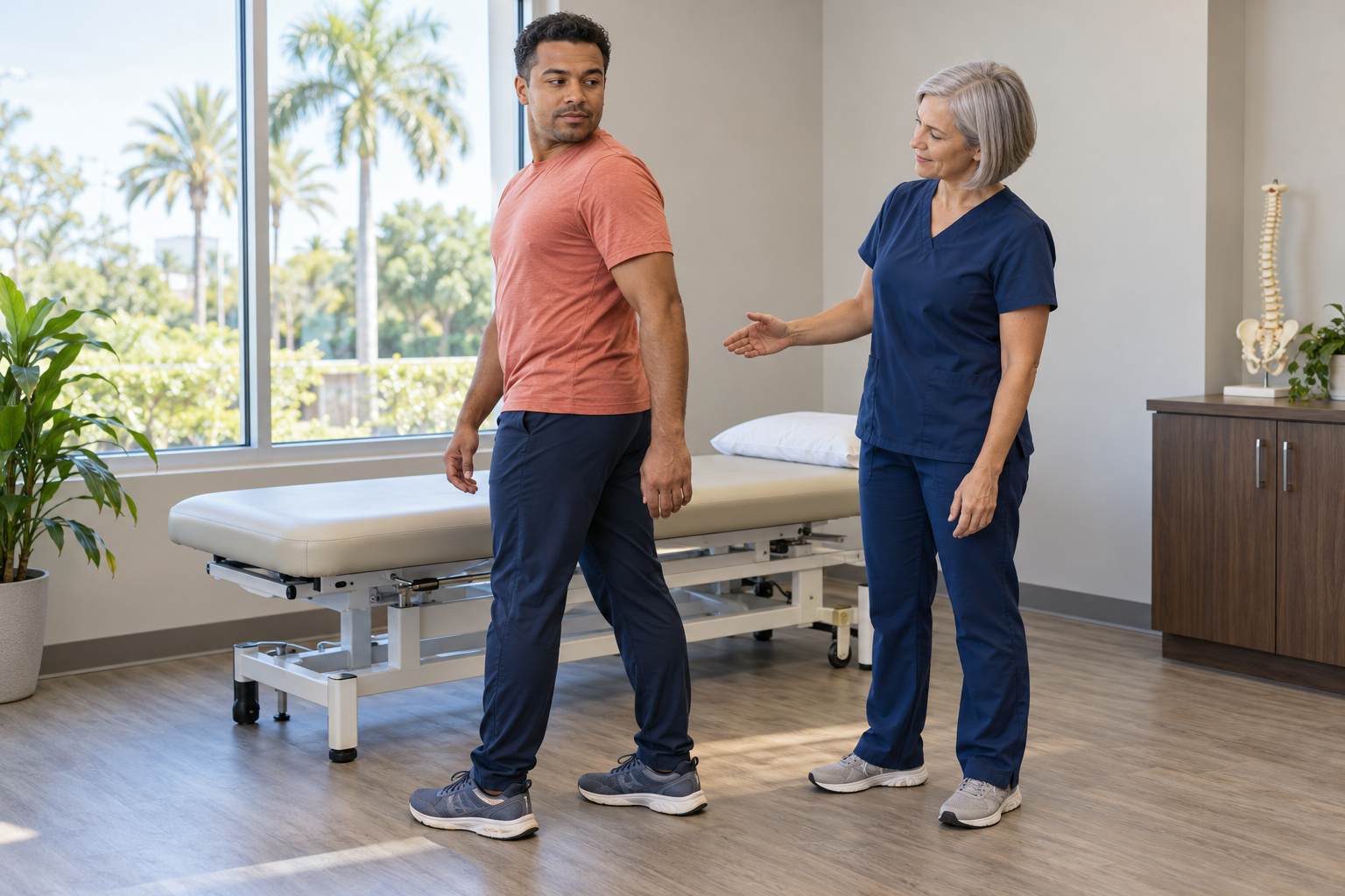 Chiropractor performing a standing back assessment at our Orlando clinic